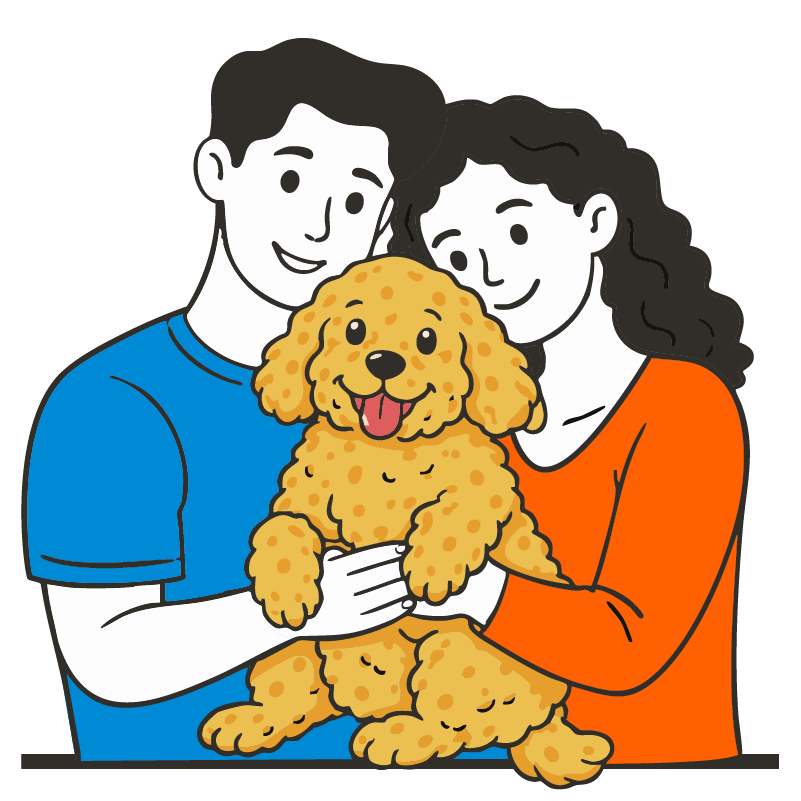 Familia cargando un perrito Doodle en un entorno de cuidado y afecto