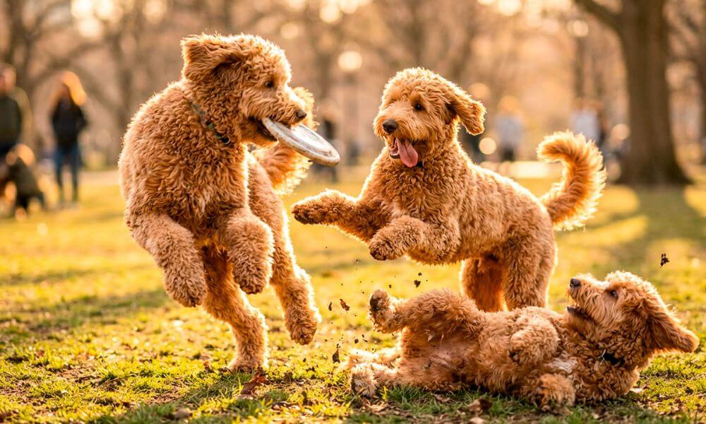 Perritos Doodle jugando en un ambiente alegre y natural